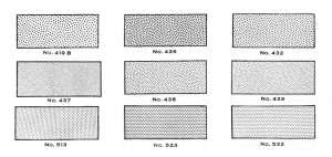 Two standard patterns of Ben Day stipples. The two top rows are called "hand stipples," and the regular dots are "mechanical" or "square dot" stipples.