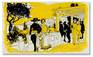 A line art plate painted with yellow gamboge in preparation for adding tint.