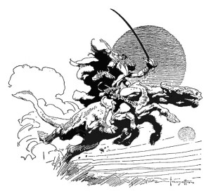 "With a savage cry of triumph,…" Frontispiece by Frank Frazetta for "Thuvia, Maid of Mars and The Chessmen of Mars," Nelson Doubleday, Inc., 1972