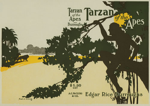 Three color image on a gray backgound of Tarzan sitting in a tree