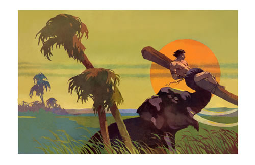 Jungle Tales of Tarzan art print—Tarzan wields his knife while clutched in the talons of a giant eagle high in the sky.