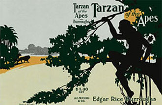 Three color image on a gray backgound of Tarzan sitting in a tree