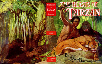 Tarzan with two apes and lioness in the jungle.